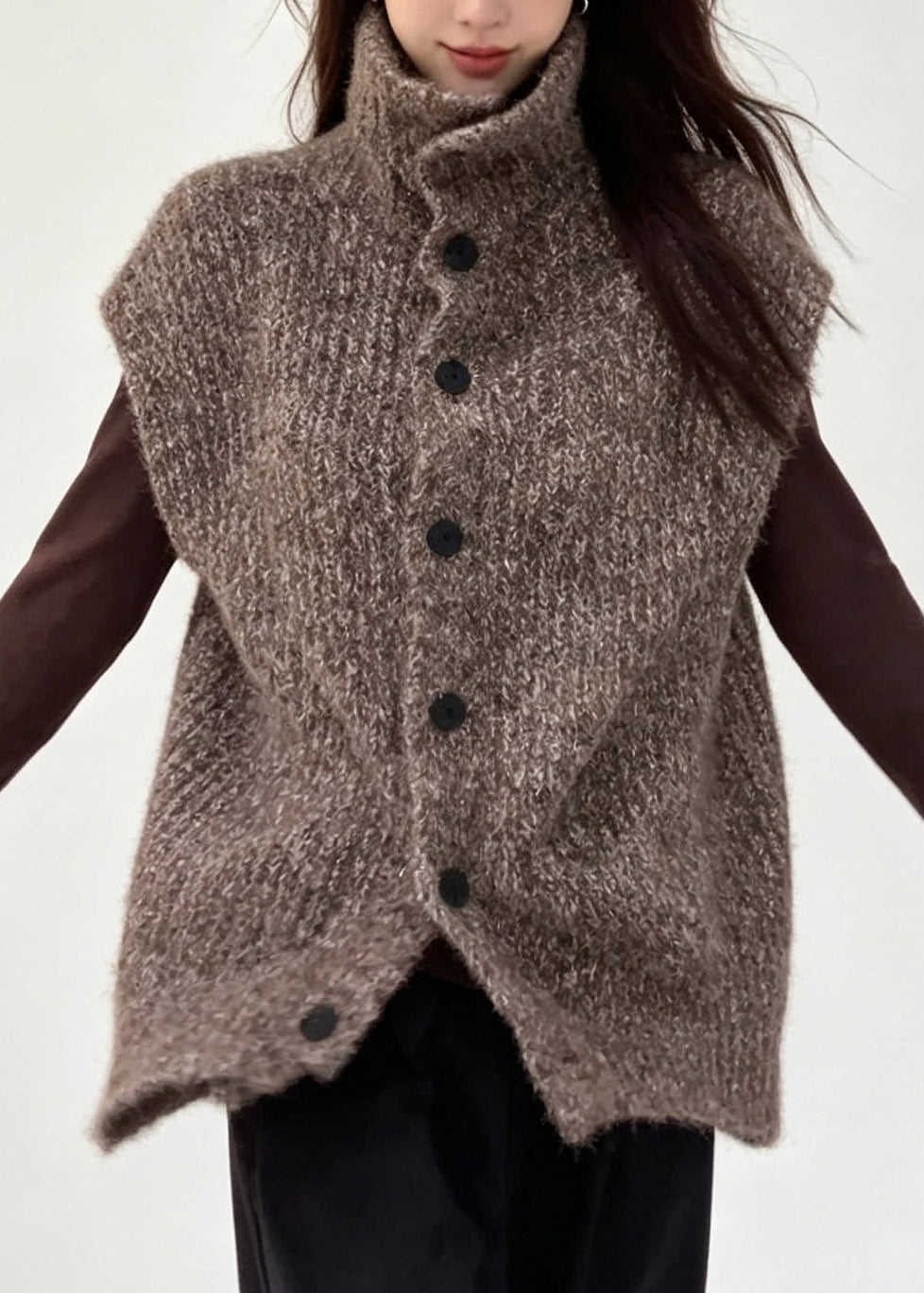 Coffee Patchwork Button Cotton Knit Waistcoat Fall