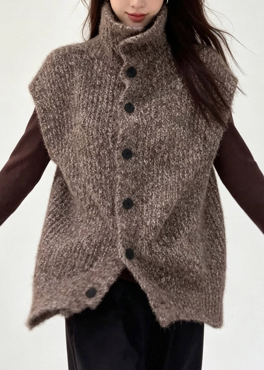 Coffee Patchwork Button Cotton Knit Waistcoat Fall