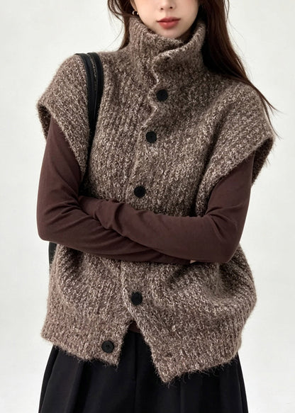Coffee Patchwork Button Cotton Knit Waistcoat Fall