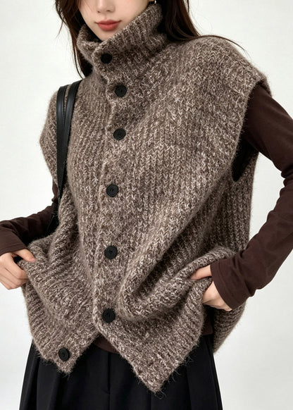 Coffee Patchwork Button Cotton Knit Waistcoat Fall