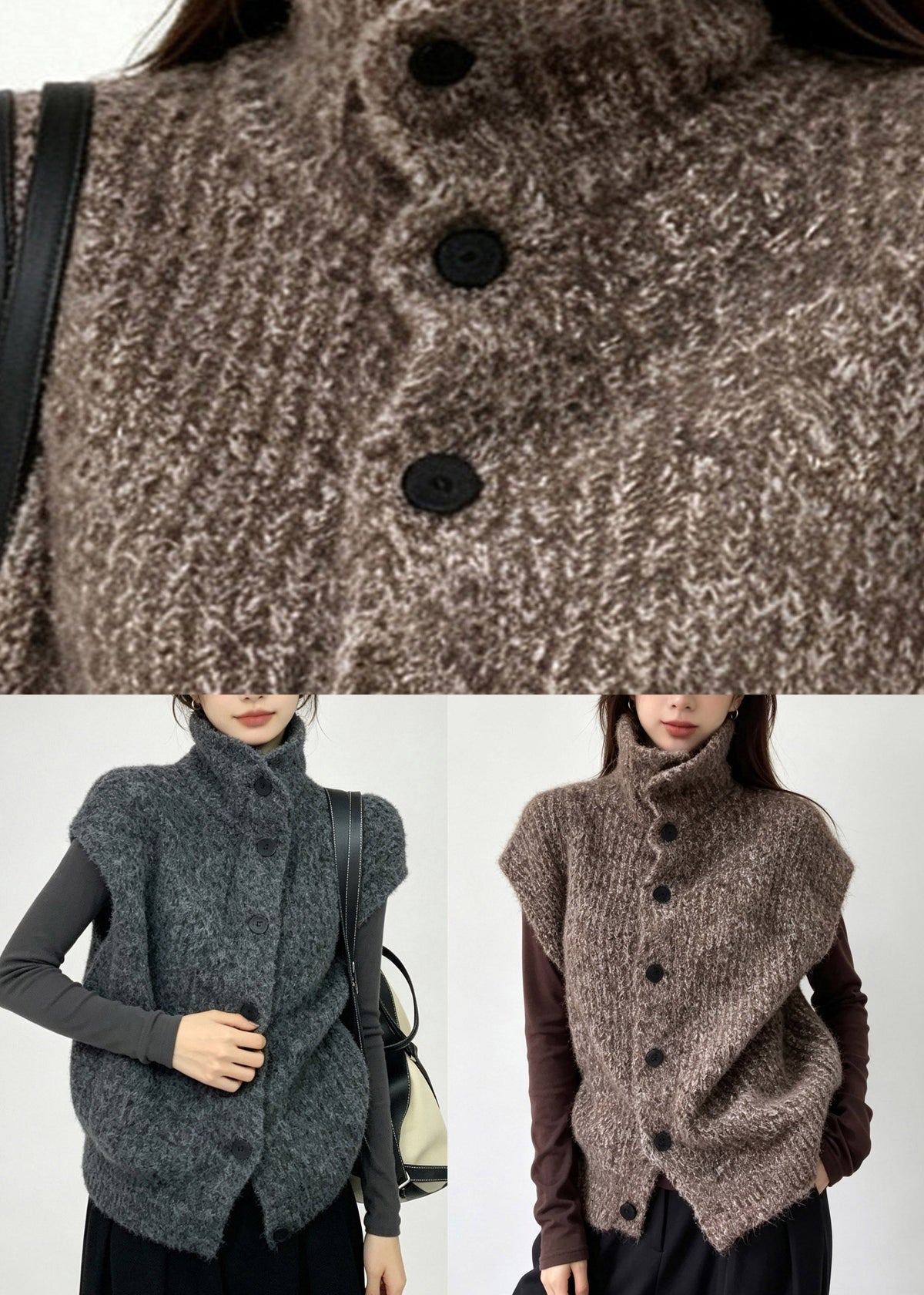 Coffee Patchwork Button Cotton Knit Waistcoat Fall