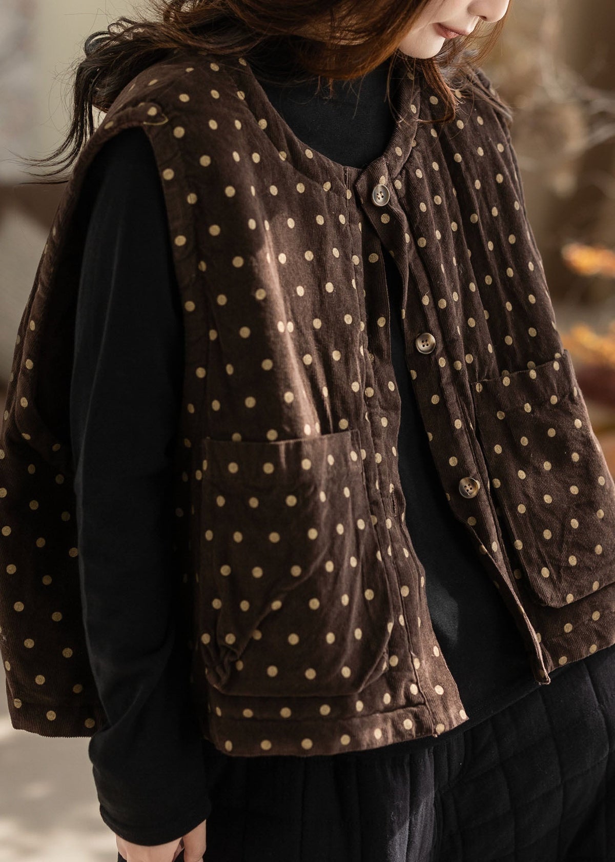 Coffee Patchwork Button Solid Waistcoat Sleeveless
