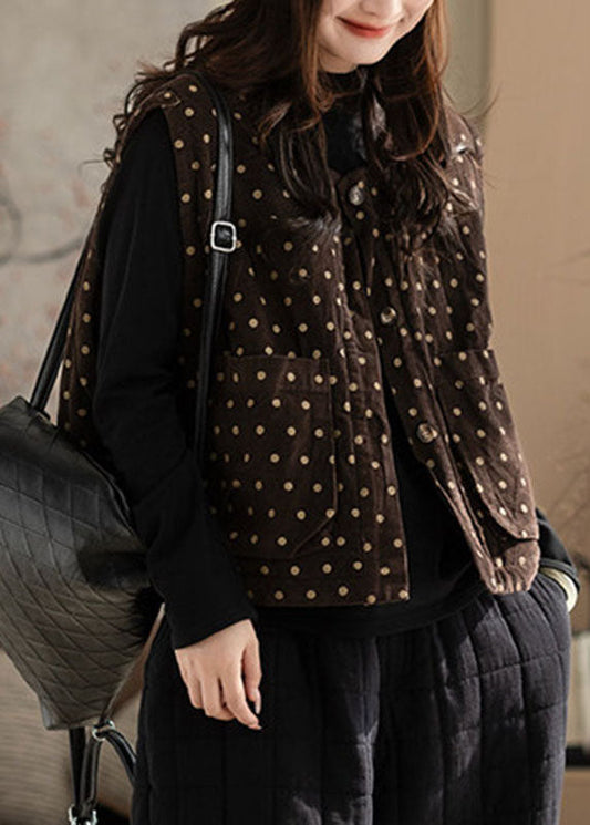 Coffee Patchwork Button Solid Waistcoat Sleeveless
