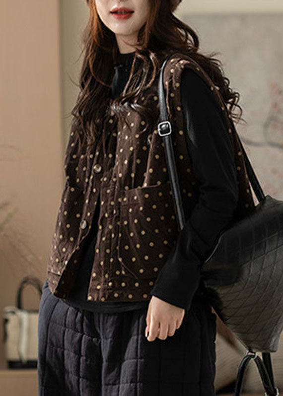 Coffee Patchwork Button Solid Waistcoat Sleeveless