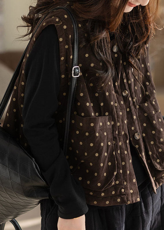 Coffee Patchwork Button Solid Waistcoat Sleeveless