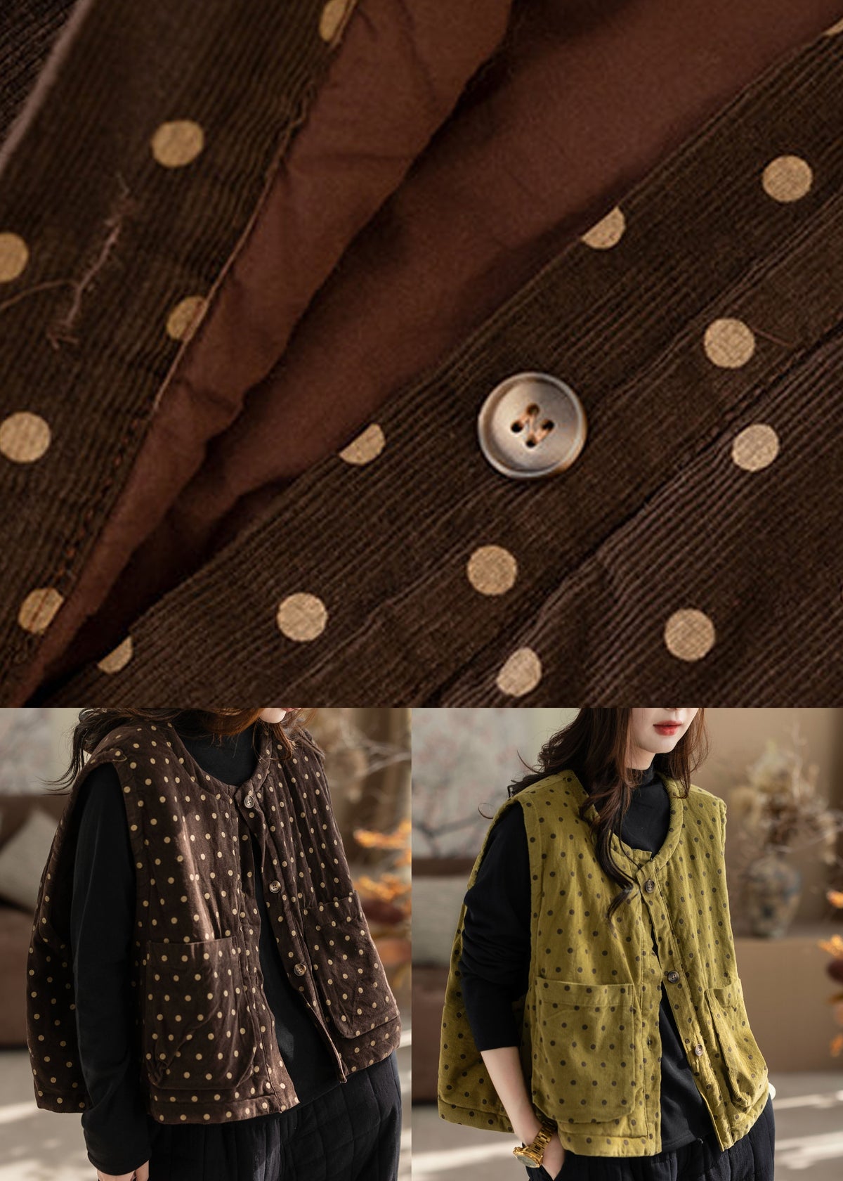 Coffee Patchwork Button Solid Waistcoat Sleeveless