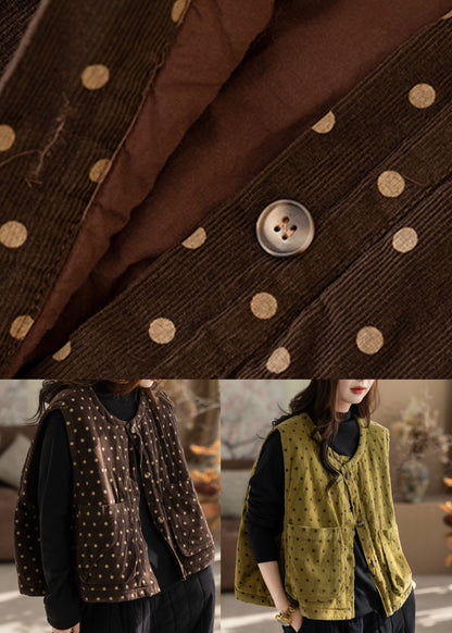 Coffee Patchwork Button Solid Waistcoat Sleeveless
