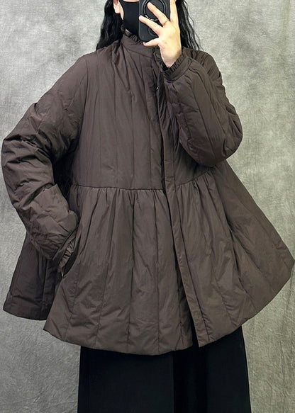 Coffee Patchwork Chic Duck Down Jackets Stand Collar Ruffled Winter