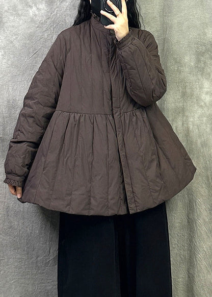 Coffee Patchwork Chic Duck Down Jackets Stand Collar Ruffled Winter