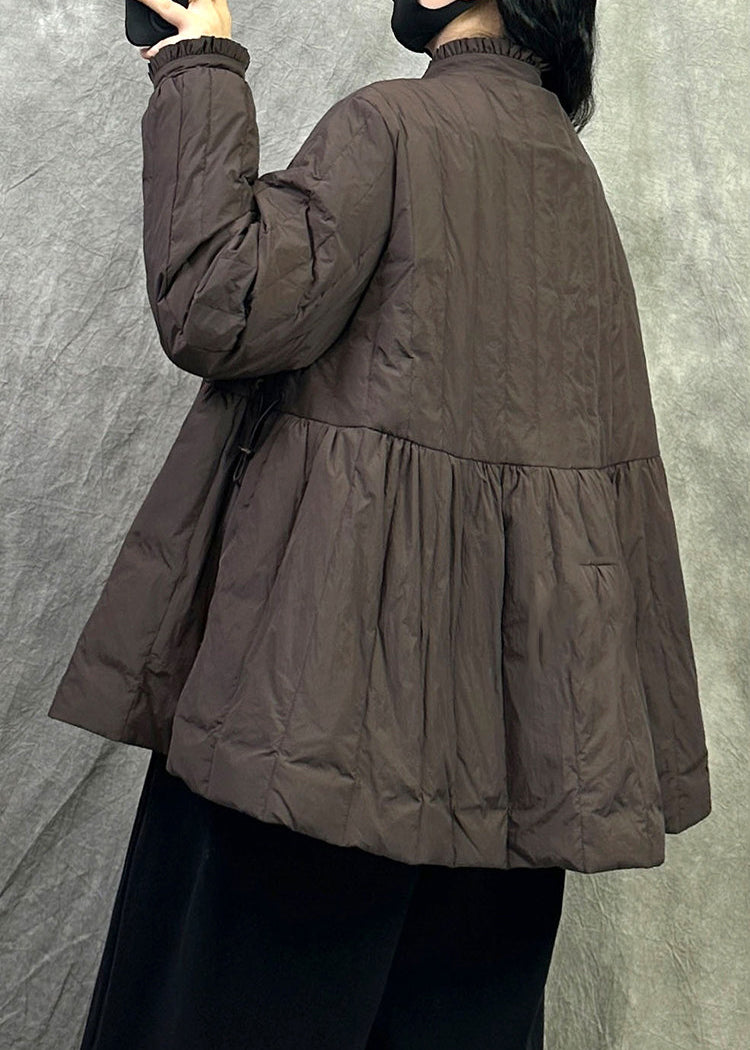 Coffee Patchwork Chic Duck Down Jackets Stand Collar Ruffled Winter