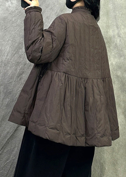 Coffee Patchwork Chic Duck Down Jackets Stand Collar Ruffled Winter