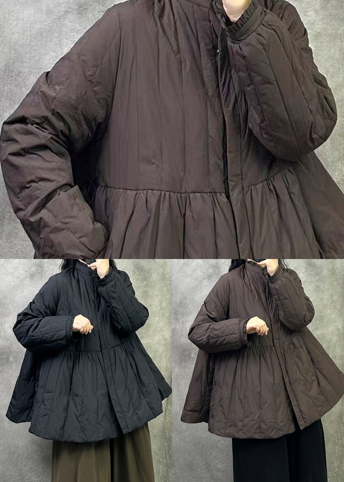 Coffee Patchwork Chic Duck Down Jackets Stand Collar Ruffled Winter