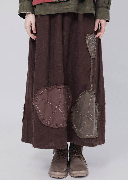 Coffee Patchwork Elastic Waist Linen Maxi Skirt