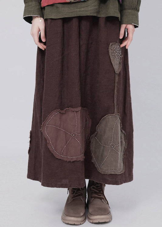 Coffee Patchwork Elastic Waist Linen Maxi Skirt