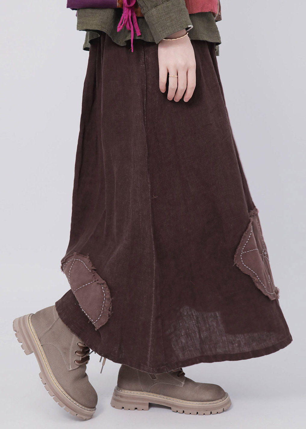 Coffee Patchwork Elastic Waist Linen Maxi Skirt
