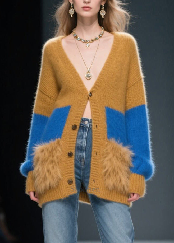 Coffee Patchwork Faux Fur Knit Cardigans Oversized Winter