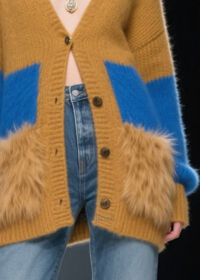 Coffee Patchwork Faux Fur Knit Cardigans Oversized Winter