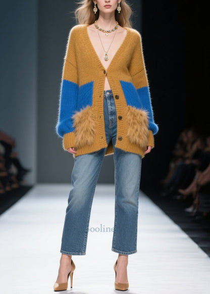 Coffee Patchwork Faux Fur Knit Cardigans Oversized Winter