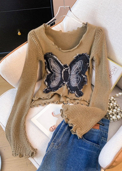 Coffee Patchwork Knit Sweater Tops Butterfly Decorated Fall