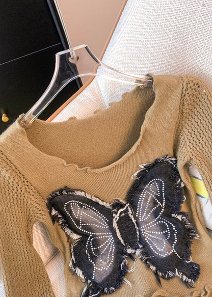 Coffee Patchwork Knit Sweater Tops Butterfly Decorated Fall