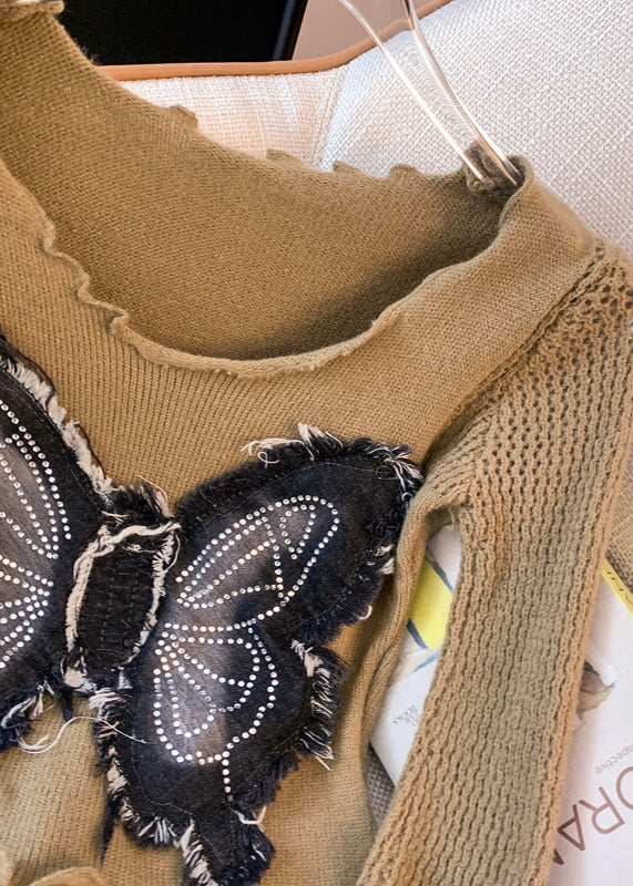 Coffee Patchwork Knit Sweater Tops Butterfly Decorated Fall