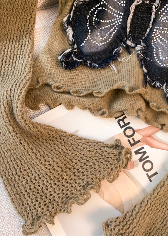 Coffee Patchwork Knit Sweater Tops Butterfly Decorated Fall