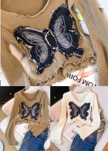 Coffee Patchwork Knit Sweater Tops Butterfly Decorated Fall