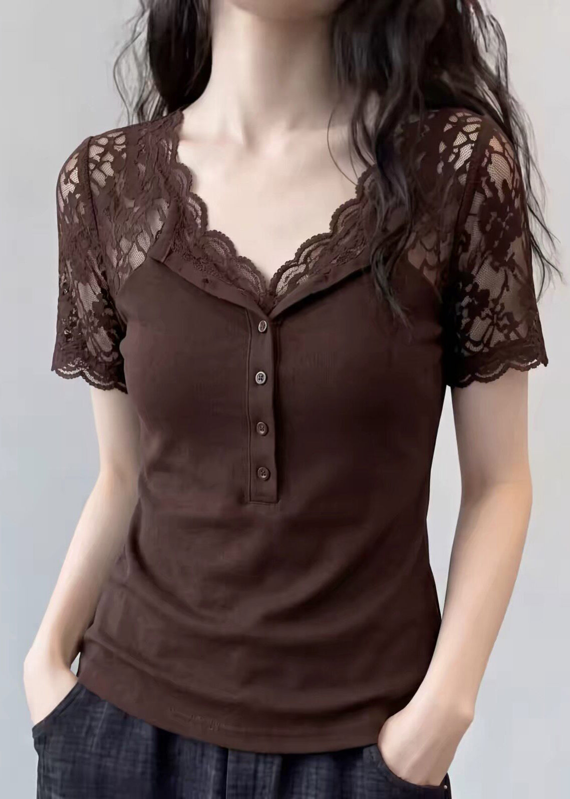 Coffee Patchwork Lace Top V Neck Short Sleeve