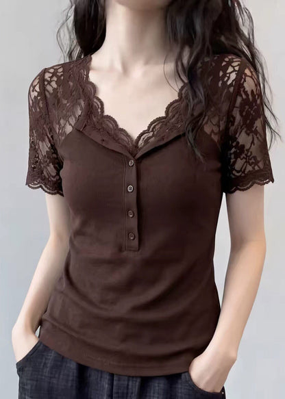 Coffee Patchwork Lace Top V Neck Short Sleeve