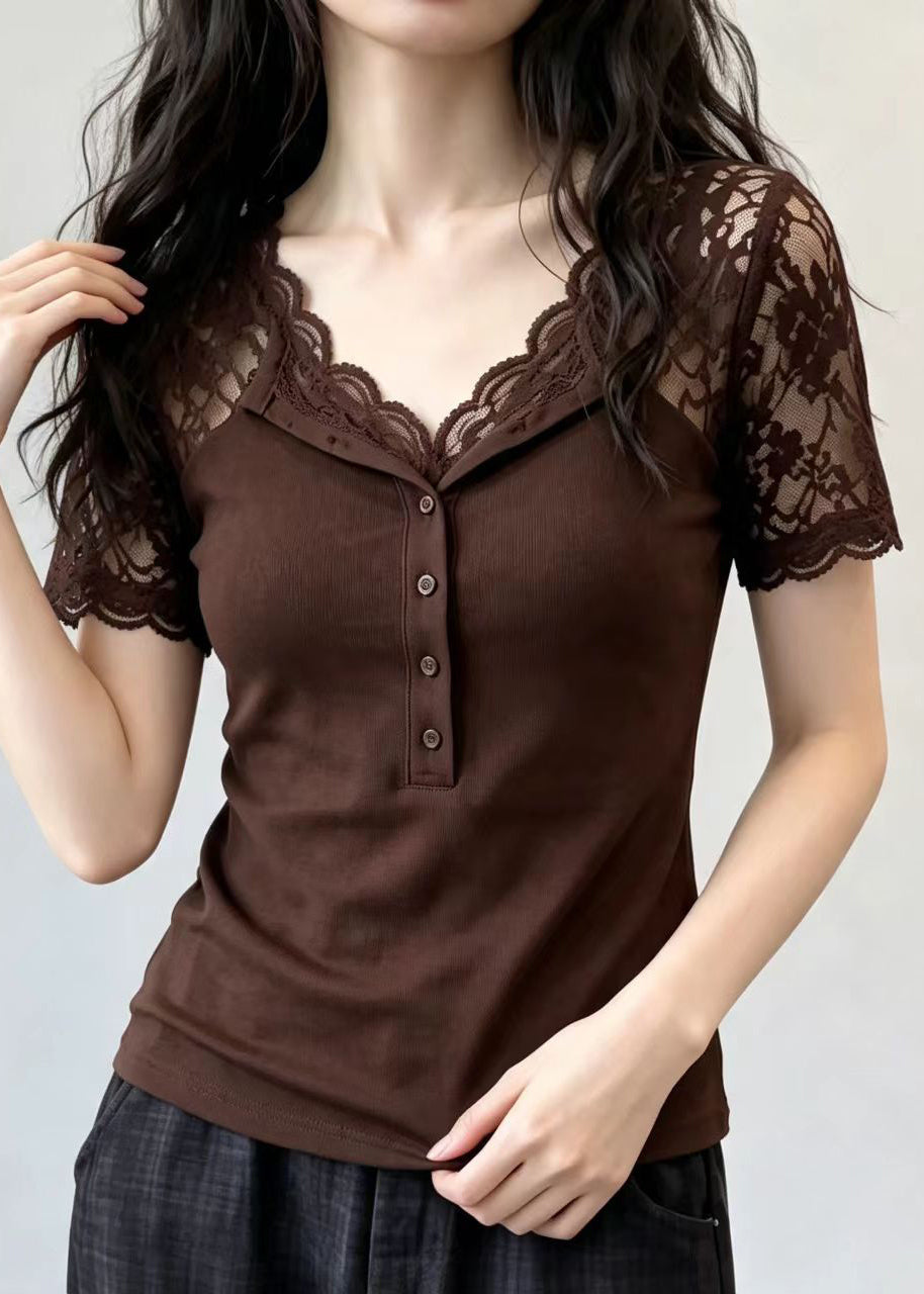 Coffee Patchwork Lace Top V Neck Short Sleeve