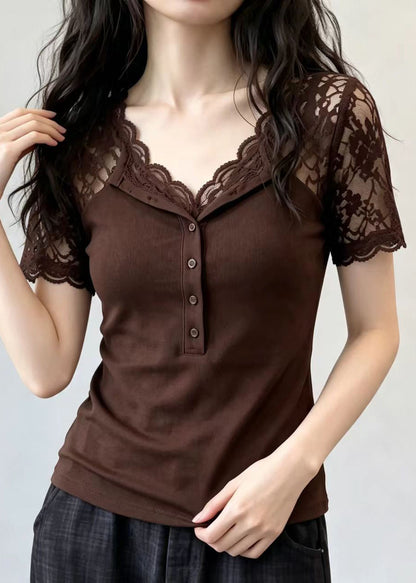 Coffee Patchwork Lace Top V Neck Short Sleeve