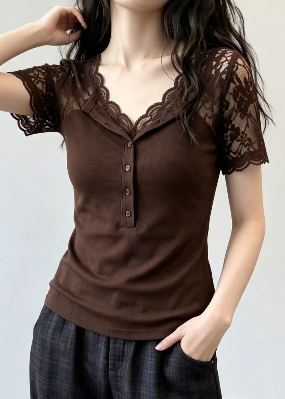 Coffee Patchwork Lace Top V Neck Short Sleeve