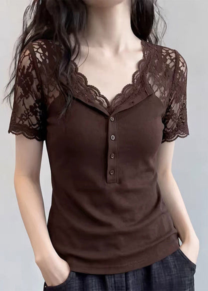 Coffee Patchwork Lace Top V Neck Short Sleeve