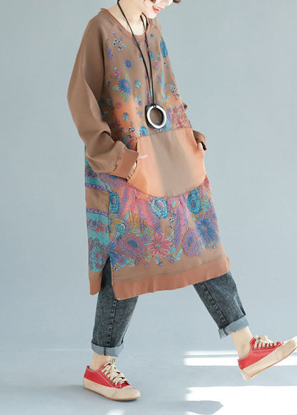 Chocolate Patchwork Print Cotton Dresses O Neck Spring