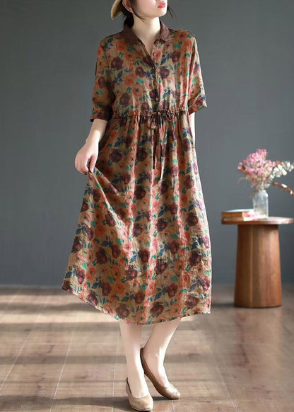 Coffee Patchwork Tie Waist Vacation Maxi Dresses Summer