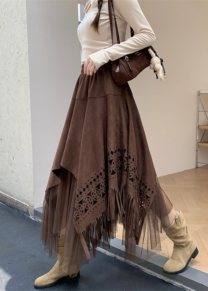 Coffee Patchwork Tulle Skirt Asymmetrical Tassel Hollow Out Fall