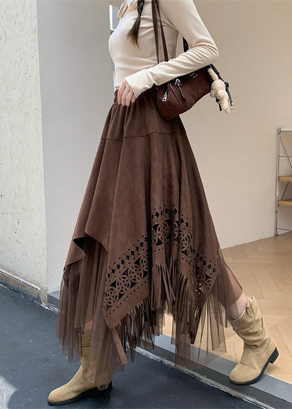 Coffee Patchwork Tulle Skirt Asymmetrical Tassel Hollow Out Fall