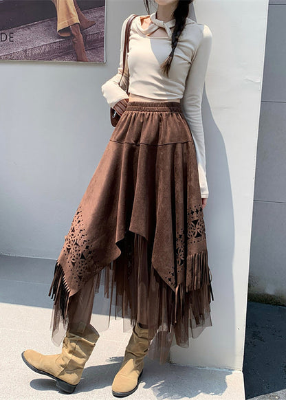 Coffee Patchwork Tulle Skirt Asymmetrical Tassel Hollow Out Fall