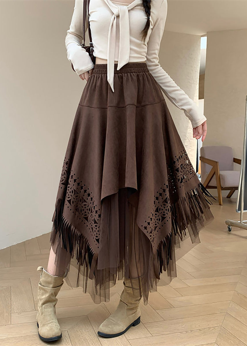 Coffee Patchwork Tulle Skirt Asymmetrical Tassel Hollow Out Fall