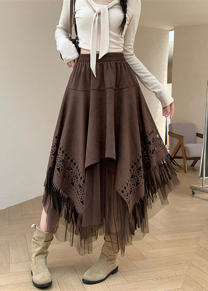 Coffee Patchwork Tulle Skirt Asymmetrical Tassel Hollow Out Fall