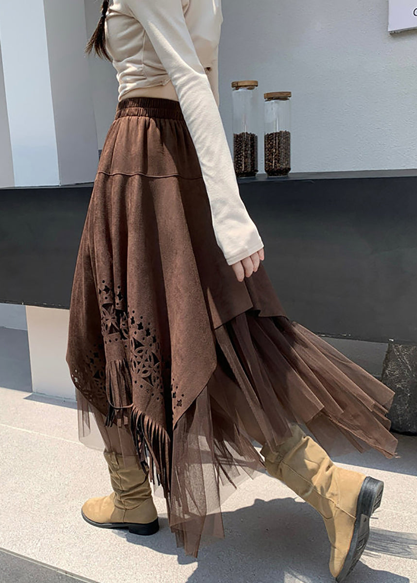 Coffee Patchwork Tulle Skirt Asymmetrical Tassel Hollow Out Fall
