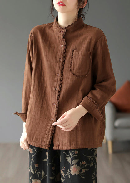 Coffee Pockets Cotton Shirt Stand Collar Long Sleeve