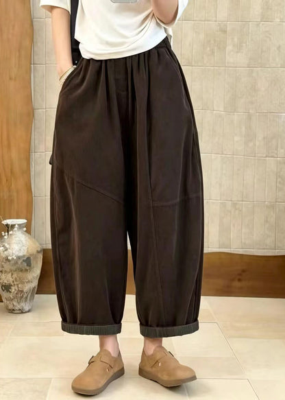 Coffee Pockets Elastic Waist Corduroy Crop Pants Fall