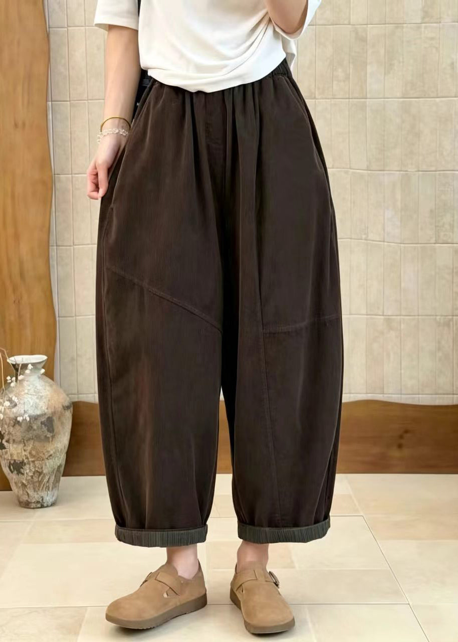 Coffee Pockets Elastic Waist Corduroy Crop Pants Fall