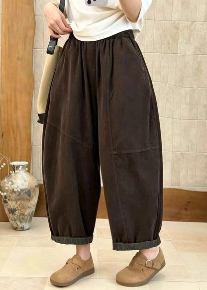 Coffee Pockets Elastic Waist Corduroy Crop Pants Fall