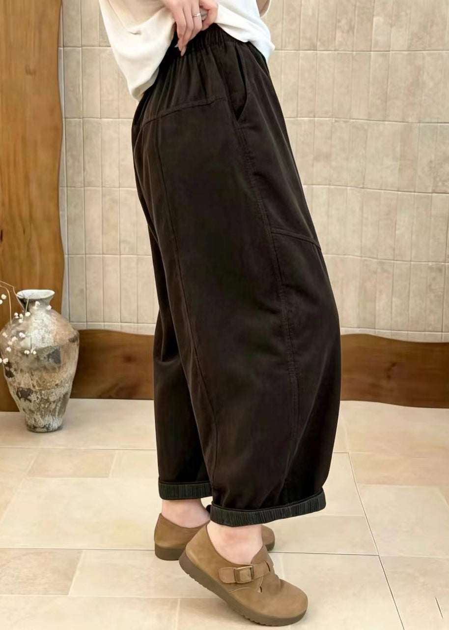 Coffee Pockets Elastic Waist Corduroy Crop Pants Fall