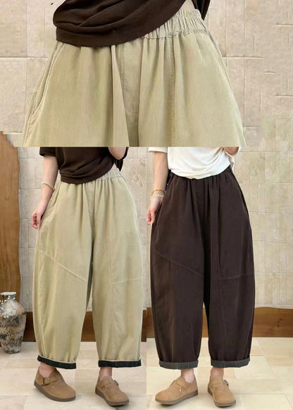 Coffee Pockets Elastic Waist Corduroy Crop Pants Fall