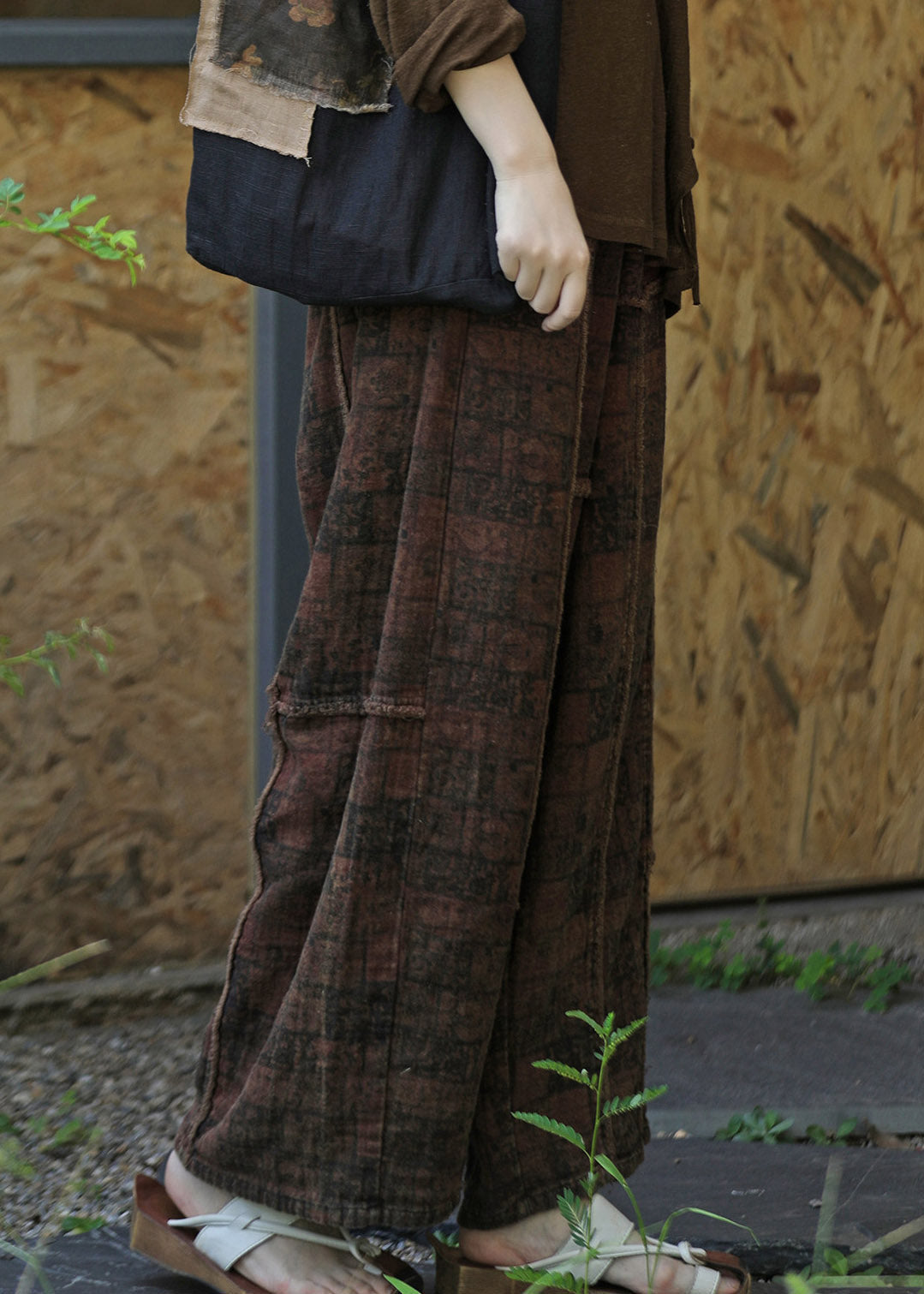 Coffee Pockets Elastic Waist Wide Leg Pants