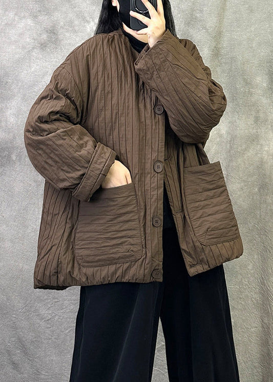 Coffee Pockets Fine Cotton Filled Jacket O Neck Button Winter