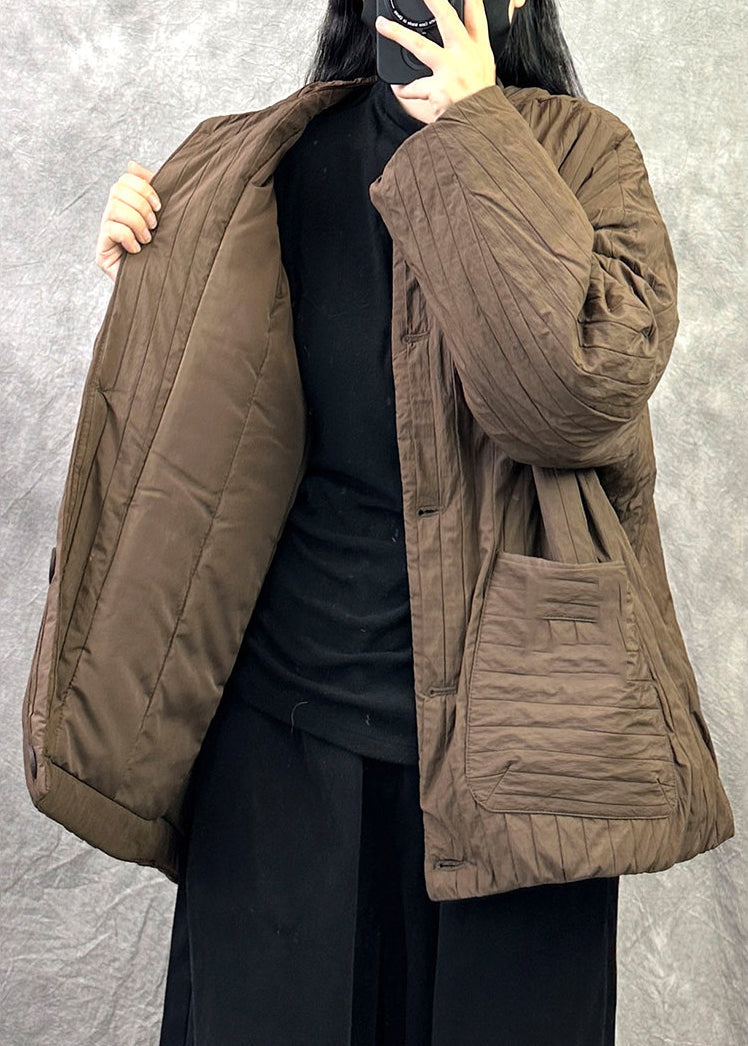Coffee Pockets Fine Cotton Filled Jacket O Neck Button Winter